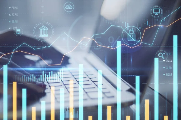 Primer Plano Las Manos Utilizando Ordenador Portátil Con Gráfico Negocios —  Fotos de Stock