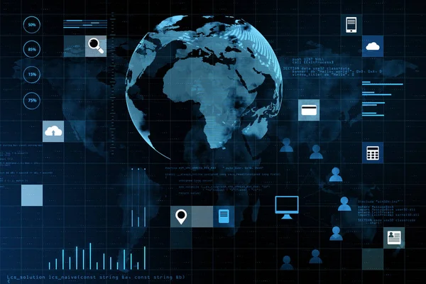 要旨暗い背景の下でのデジタル社会的地球グリッドホログラム データ 接続の概念 3Dレンダリング — ストック写真