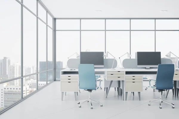 Luminoso Ufficio Coworking Cemento Interno Con Finestra Panoramica Con Vista — Foto Stock