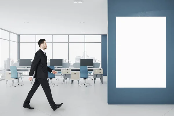Businessman Walking Modern Concrete Coworking Office Room Interior Panoramic Window — Stock Photo, Image