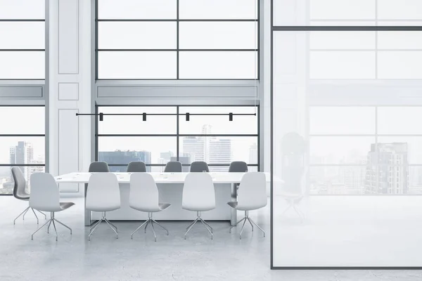 现代白色混凝土会议室内部 墙壁上有空旷的模拟空间 全景城市景观 家具和日光 3D渲染 — 图库照片