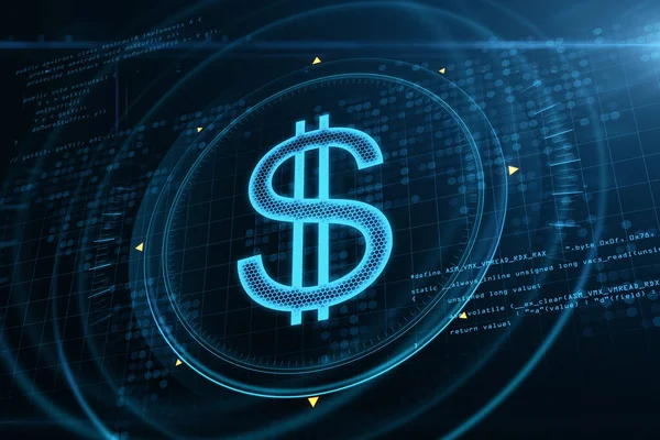Abstract Glowing Dollar Sign Hologram Blurry Blue Grid Background Coding — Stock Photo, Image