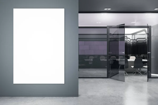 现代玻璃会议办公室内部 灰色墙壁 家具和设备上有白色的模拟招贴画 3D渲染 — 图库照片