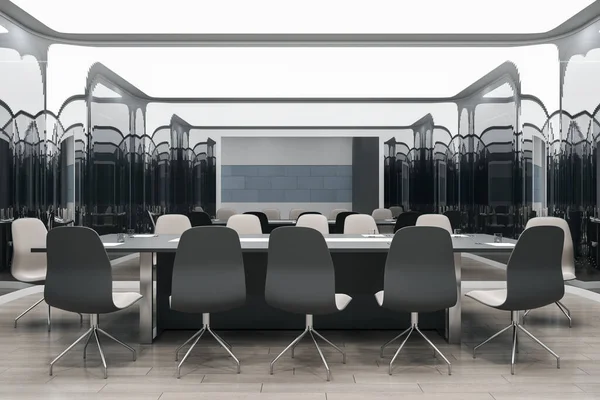 Moderní Skleněný Konferenční Kancelářský Interiér Dřevěnou Podlahou Odrazy Nábytkem Vybavením — Stock fotografie