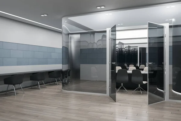 Interior Kantor Konferensi Kaca Modern Dengan Lantai Kayu Refleksi Furnitur — Stok Foto