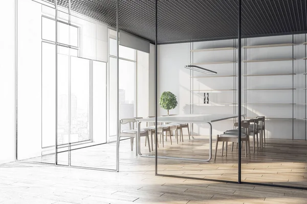 현대식 회의실 내부의 스케치 파티션 나무로 바닥재 장소와 디자인 렌더링 — 스톡 사진