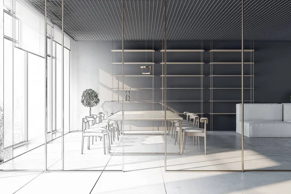 현대식 회의실 내부의 스케치 파티션 장소와 디자인 렌더링 — 스톡 사진
