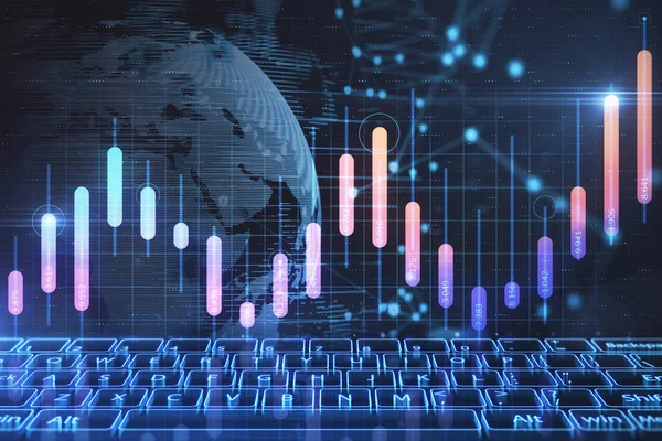 Absztrakt Kép Izzó Digitális Billentyűzet Földgömbbel Nagy Adat Diagram Sötét — Stock Fotó