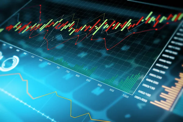 Közelkép Munkahely Számítógép Billentyűzet Kreatív Izzó Forex Chart Elmosódott Háttér — Stock Fotó