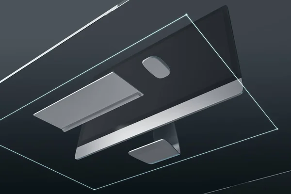 Widok Dolny Abstrakcyjnego Przejrzystego Pulpitu Projektanta Monitorem Myszką Komputerową Koncepcja — Zdjęcie stockowe