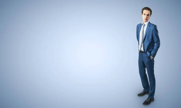 Job Recruiting Concept Young Businessman Blue Classic Suit His Hands — Stock Photo, Image