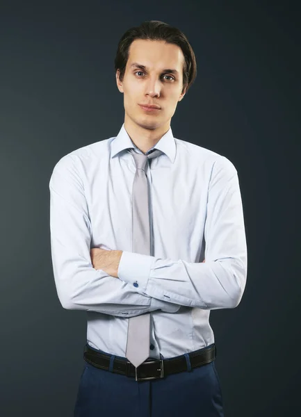 Business Concept Isolated Young Employee Man White Shirt Folded His — Stock Photo, Image