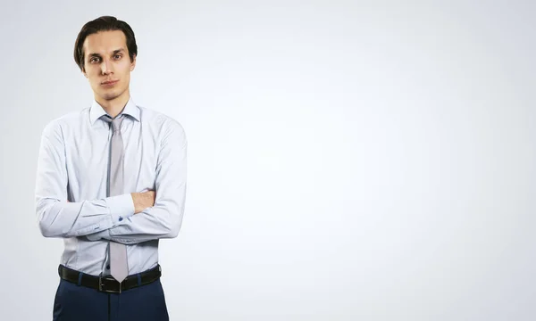 Business Concept Isolated Young Employee Man White Shirt Folded His — Stock Photo, Image