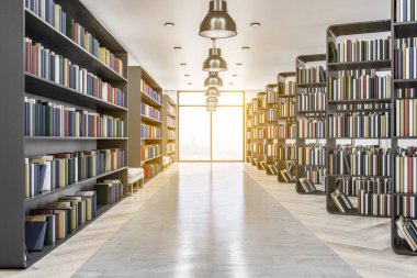 Eğitim ve bilgi kavramı, güneşli modern kütüphanenin içinde bir sürü kitap rafı, üstünde şık lambalar, ahşap ve beton zemin ve büyük pencereden şehir manzaralı. 3B görüntüleme