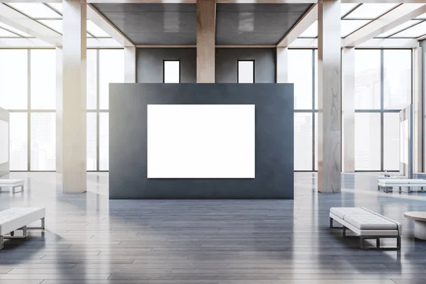 Eigentijdse Houten Betonnen Galerij Interieur Met Lege Witte Mock Banner — Stockfoto