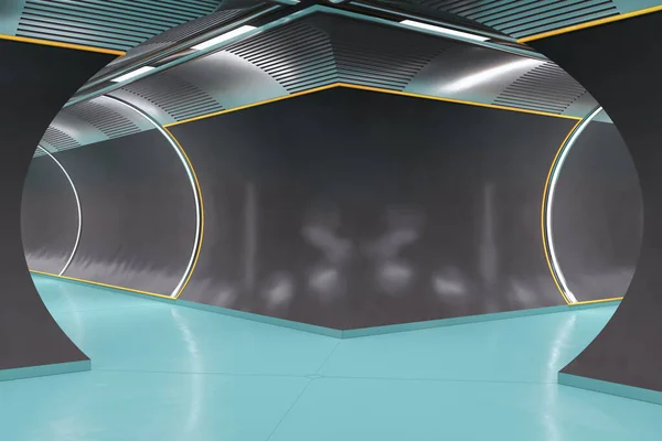 モックアップの場所と抽象暗いコンクリートと青のトンネルのインテリア 未来的な宇宙船のデザインコンセプト 3Dレンダリング — ストック写真