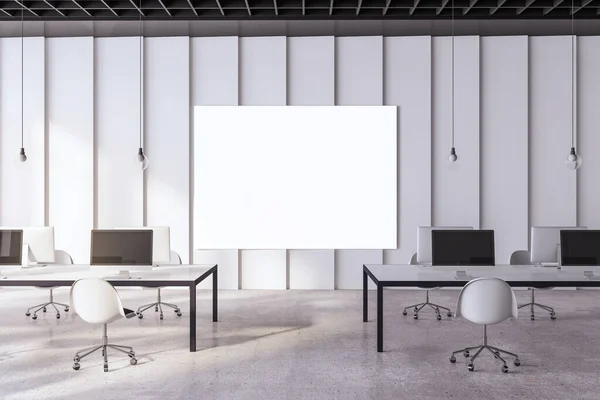 Moderno Interior Escritório Coworking Concreto Branco Com Vazio Simular Cartaz — Fotografia de Stock