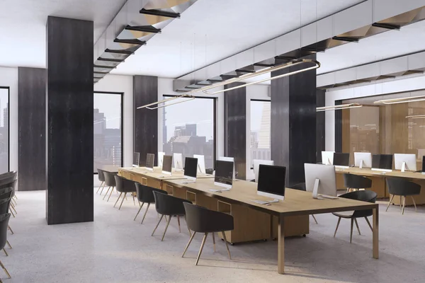 Modernes Coworking Büro Aus Holz Beton Und Glas Mit Fenster — Stockfoto