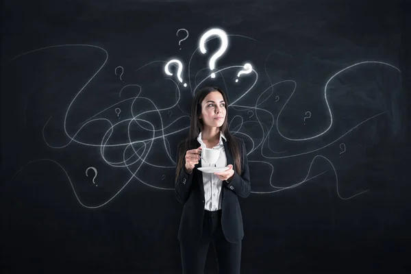 Attractive Thoughtful European Businesswoman Coffee Cup Standing Concrete Background Question — Stock Photo, Image