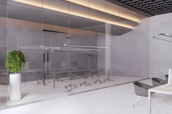 Interior Escritório Vidro Concreto Com Áreas Coworking Reunião Plantas Decorativas — Fotografia de Stock