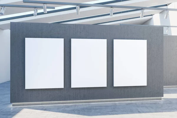 Moderní Betonová Výstavní Síň Interiéru Prázdnými Maketami Plakátů Zdi Slunečním — Stock fotografie