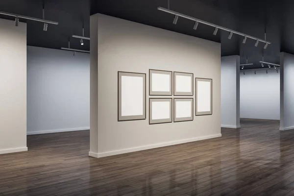 Modern concrete exhibition hall interior with blank white mock up posters on wall and wooden flooring with reflections. Art and museum concept. 3D Rendering