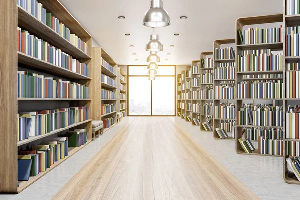 Přední Pohled Slunný Moderní Knihovna Eko Stylu Interiér Knihami Dřevěné — Stock fotografie