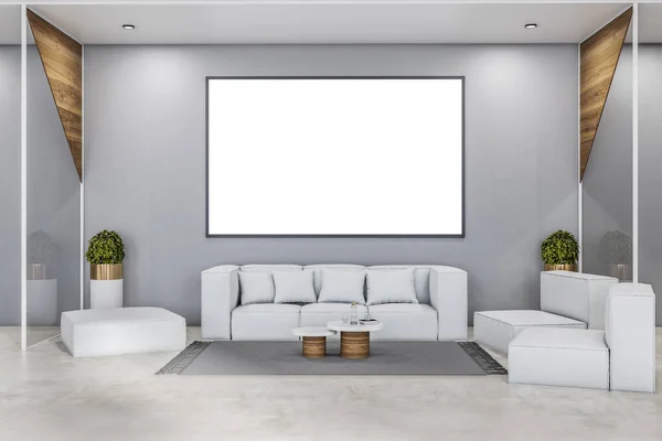Wartebereich Modernen Büro Mit Leeren Attrappen Poster Couch Und Dekorationsartikeln — Stockfoto