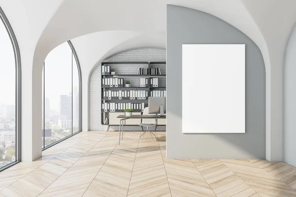 Interior Kantor Modern Dengan Poster Tiruan Kosong Dinding Desktop Desainer — Stok Foto
