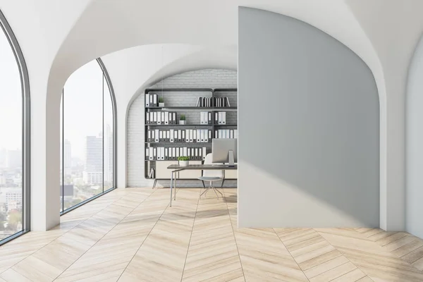 Moderno Interior Oficina Con Lugar Maqueta Blanco Pared Escritorio Diseño —  Fotos de Stock