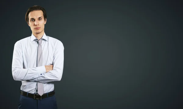 Business Concept Isolated Young Employee Man White Shirt Folded His — Stock Photo, Image