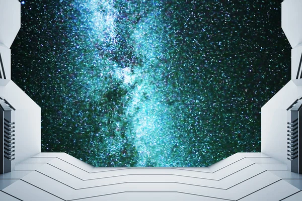 明るい星空を望む灰色の宇宙船 モックアップ場所 宇宙とファンタジーの概念 3Dレンダリング — ストック写真