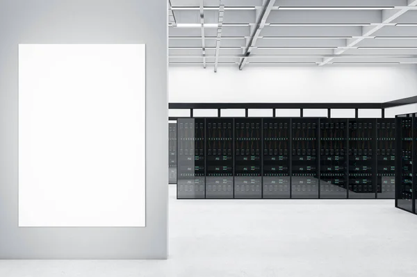 Modern Server Room Interior Blank White Mock Poster Concrete Wall — Stock Photo, Image