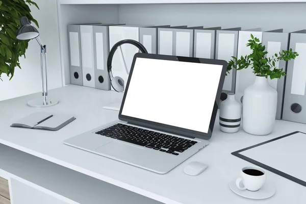 关闭创意设计师的办公桌顶部与文件夹书柜 空的笔记本电脑屏幕 咖啡杯 装饰植物和其他项目 模特儿 3D渲染 — 图库照片
