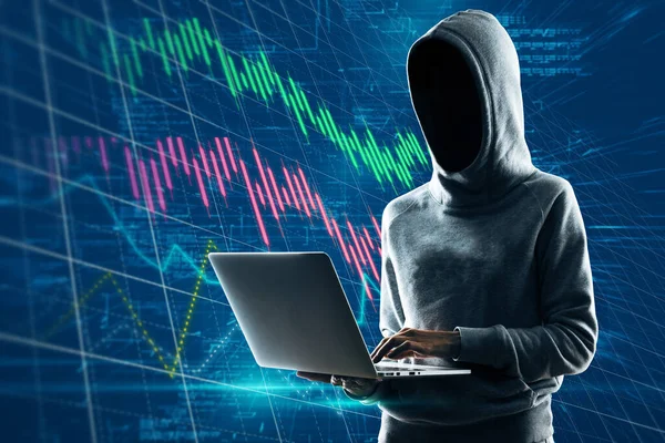 Hacker Usando Laptop Fundo Grade Abstrata Com Gráfico Castiçal Forex — Fotografia de Stock