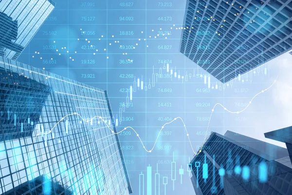 Abstraktes Glühendes Big Data Forex Kerzenständer Diagramm Auf Verschwommener Stadttapete — Stockfoto