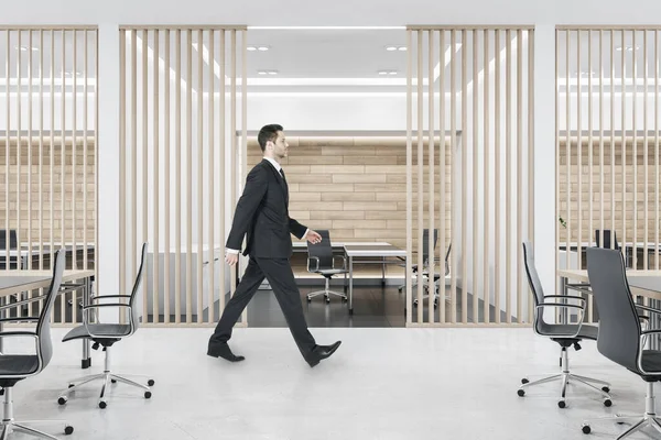 의나무와 사무실에서 블라인드를 가지고 걸어가는 사업가의 설계와 — 스톡 사진