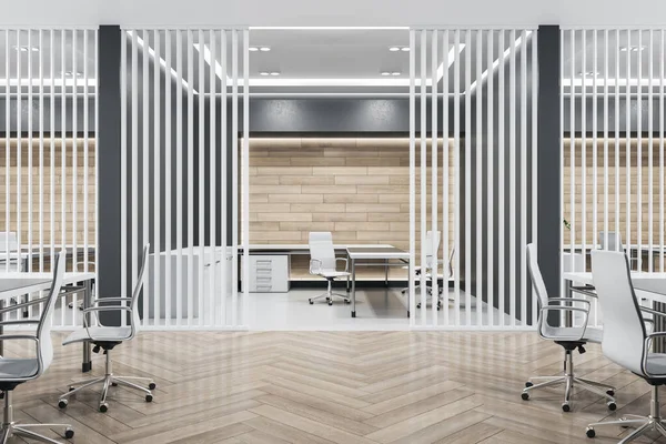 가구와 블라인드가 나무와 콘크리트로 사무실 설계와 렌더링 — 스톡 사진