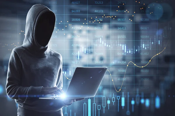 Hacker Hoodie Using Laptop Abstract Glowing Big Data Forexcandlestick Chart — 图库照片