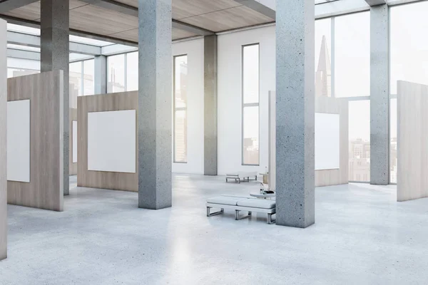 Modernes Galerieinterieur Aus Holz Und Beton Mit Leeren Weißen Banner — Stockfoto