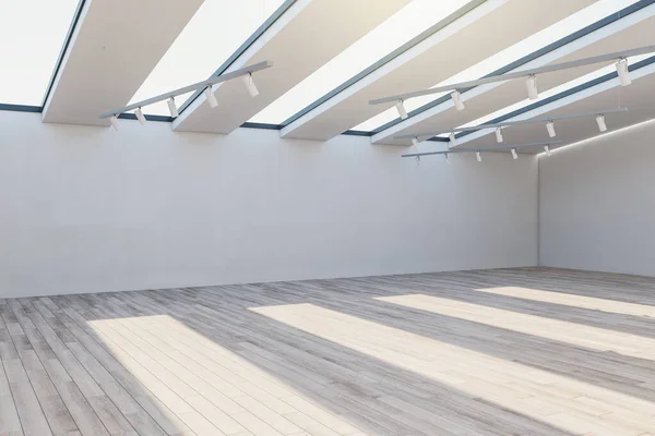 现代混凝土展览馆的内部空旷的模拟位置墙上和阳光 3D渲染 — 图库照片