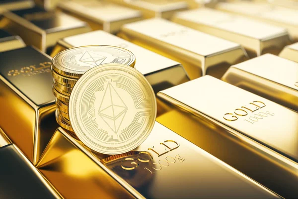 Koncept Kryptoměny Blockchainu Zlatými Mincemi Eth 1000 Gramových Zlatých Prutech — Stock fotografie