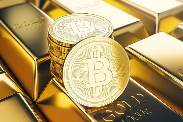 Blockchain Kryptoměna Akciový Koncept Bitcoin Zlaté Mince 1000 Gramů Zlaté — Stock fotografie