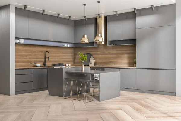 Modern Betonnen Houten Keukeninterieur Met Daglicht Meubilair Eiland Ontwerp Concept — Stockfoto