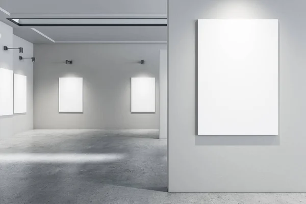 Interior Galería Hormigón Contemporáneo Con Carteles Blancos Vacíos Simulados Concepto —  Fotos de Stock