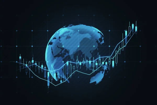 Primo Piano Del Grafico Forex Globo Candeliere Sfondo Scuro Concetto — Foto Stock