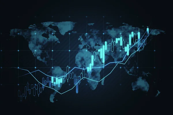 暗い背景に地図や外国為替チャートのホログラムを成長させます 株式の概念 3Dレンダリング — ストック写真