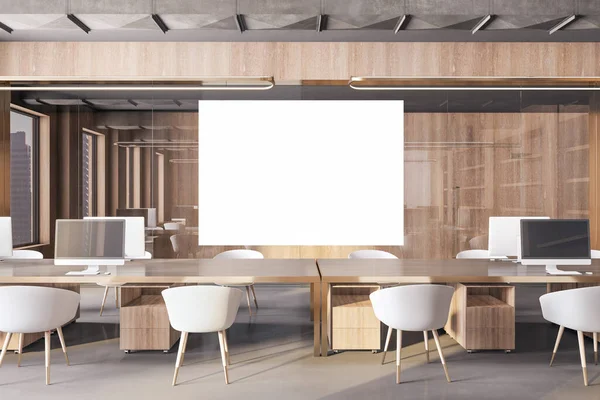 Moderno Interior Escritório Concreto Madeira Coworking Com Branco Vazio Simular — Fotografia de Stock