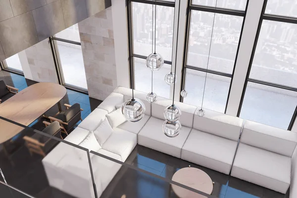 Moderní Obývací Pokoj Interiér Oknem Panoramatickým Výhledem Město Pohodlný Gauč — Stock fotografie