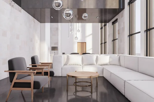 窓とパノラマ都市の景色を望むきれいなリビングルームのインテリア 快適なソファと椅子付きのダイニングテーブル ラグジュアリーなデザインコンセプト 3Dレンダリング — ストック写真
